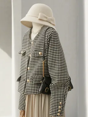 4U4U 2024 Spring New Black and White Houndstooth Tweed Short Jacket Women's Fashion French Style Single-breasted Top