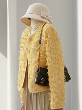 4U4U 2024 Spring New Bright Yellow Small Fragrant Style Short Jacket Women's Super Beautiful Bearded Tweed Top