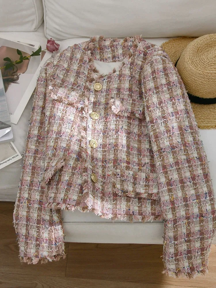 4U4U 2024 Spring New Pink Plaid Tweed Short Jacket Women's French Elegant Round Neck Top