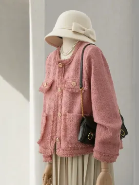 4U4U 2024 spring new pink tassel edge small fragrance jacket goddess temperament tweed top jacket