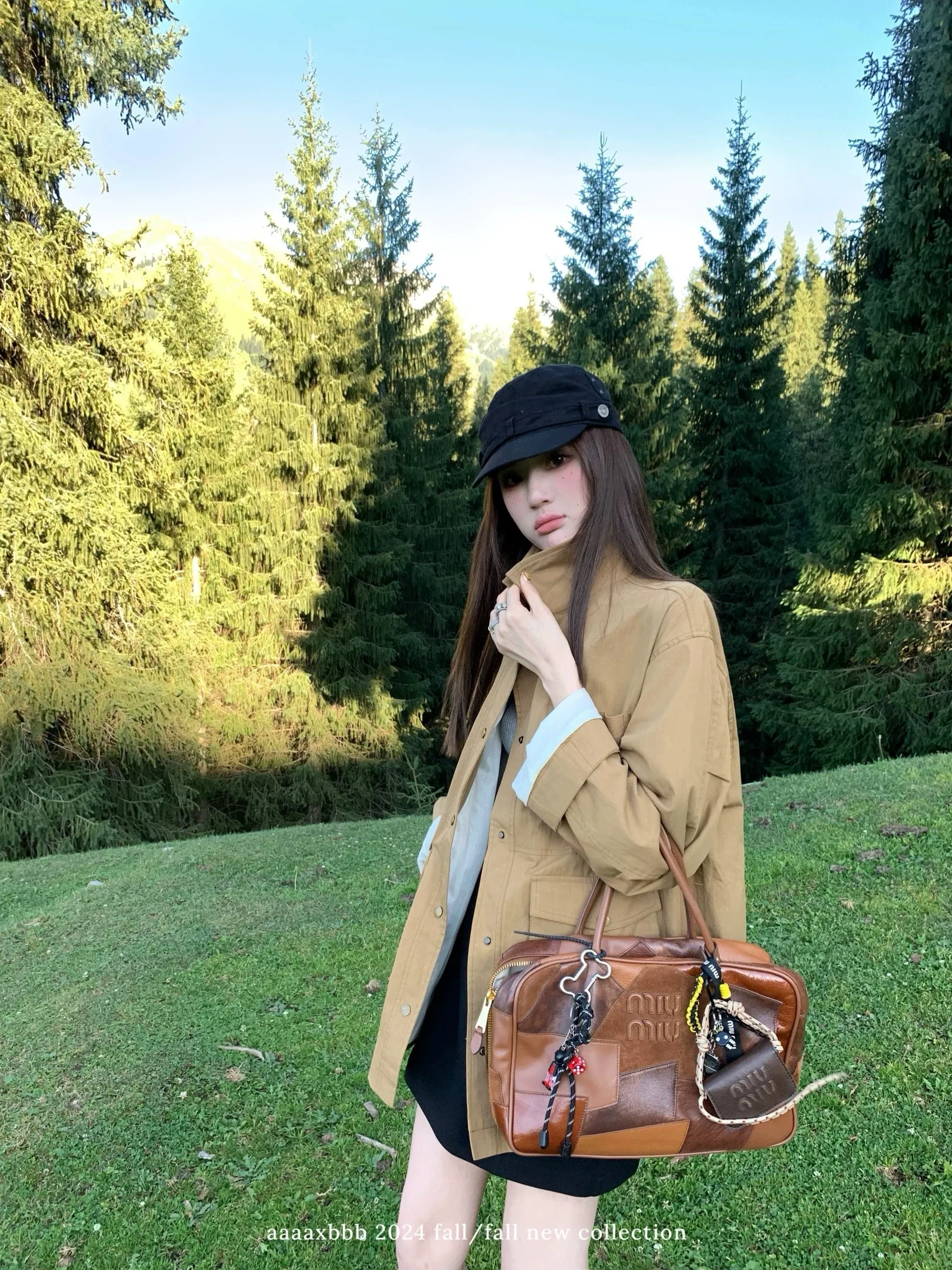 aaaaxbbb Chestnut Pancake Brown and Green Loose Windbreaker Jacket Women's Small Versatile Lapel Top Autumn