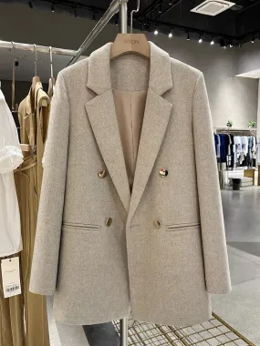 Beige metal button woolen suit jacket for women 2023 new winter high-end British style all-match suit