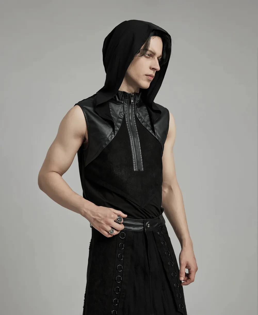 Black Edgy Male Sleeveless Hooded Top with Zipper