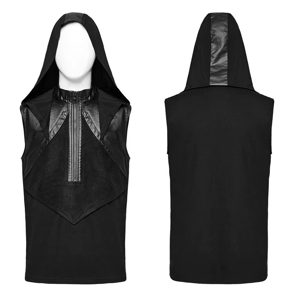 Black Edgy Male Sleeveless Hooded Top with Zipper