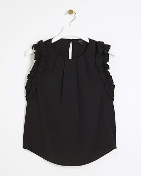 Black sleeveless frill detail top