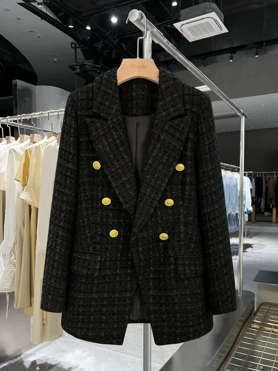 Black tweed British style suit jacket for women 2023 new winter high-end retro slim suit top