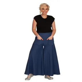 Blue Denim Look Wide Leg Pants With Pockets