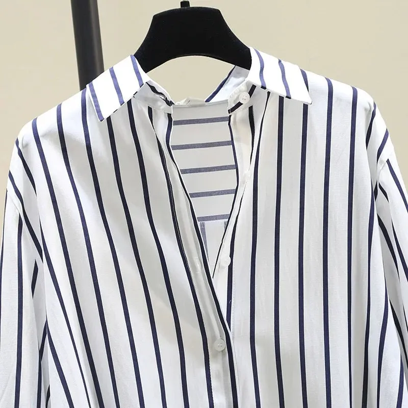 Blue vertical striped shirt for women 2024 early spring new loose casual versatile shirt temperament long-sleeved top jacket