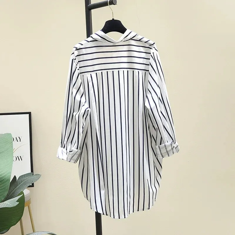 Blue vertical striped shirt for women 2024 early spring new loose casual versatile shirt temperament long-sleeved top jacket