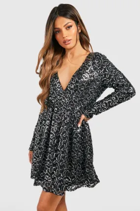 Boutique Sequin Wrap Skater Party Dress