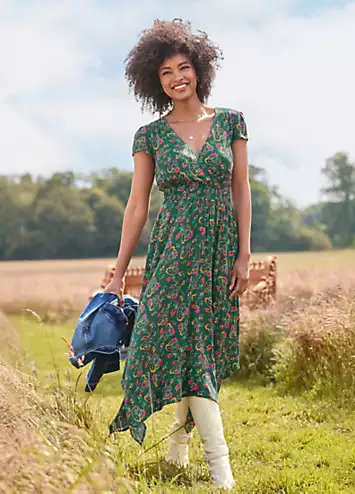 Bright Paisley Mock Wrap V-Neck Dip Hem Maxi Dress by Joe Browns | Look Again