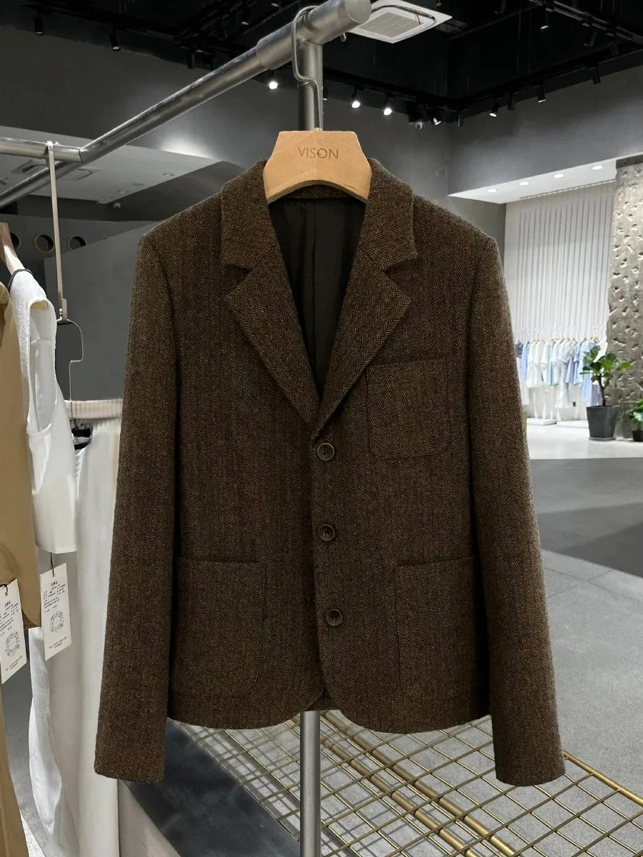 Brown wool herringbone suit jacket for women 2023 new winter short casual style high-end formal top