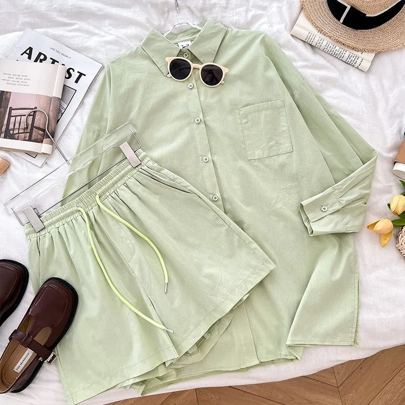 Casual polo collar side slit long-sleeved shirt top + drawstring elastic waist shorts wide-leg pants two-piece set for women