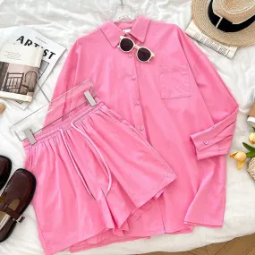 Casual polo collar side slit long-sleeved shirt top + drawstring elastic waist shorts wide-leg pants two-piece set for women