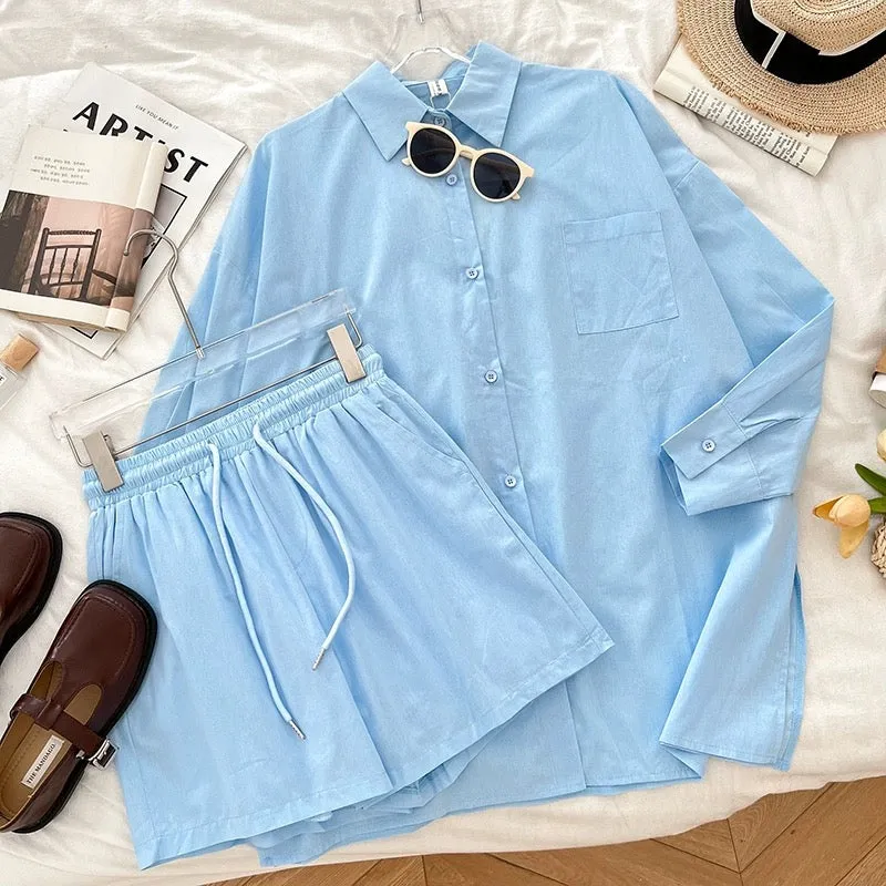 Casual polo collar side slit long-sleeved shirt top + drawstring elastic waist shorts wide-leg pants two-piece set for women