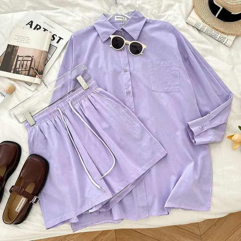 Casual polo collar side slit long-sleeved shirt top + drawstring elastic waist shorts wide-leg pants two-piece set for women