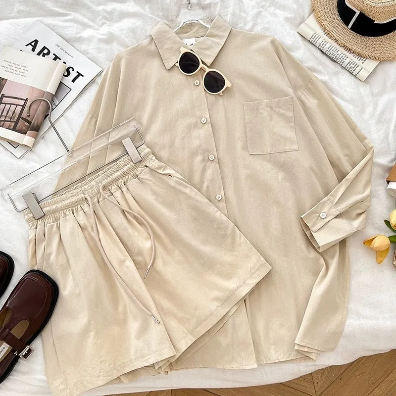 Casual polo collar side slit long-sleeved shirt top + drawstring elastic waist shorts wide-leg pants two-piece set for women