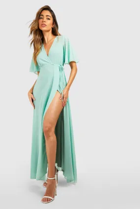 Chiffon Angel Sleeve Wrap Maxi Bridesmaid Dress