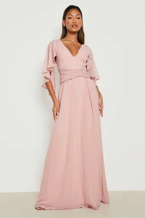 Chiffon Bridesmaid Angel Sleeve Wrap Maxi Dress