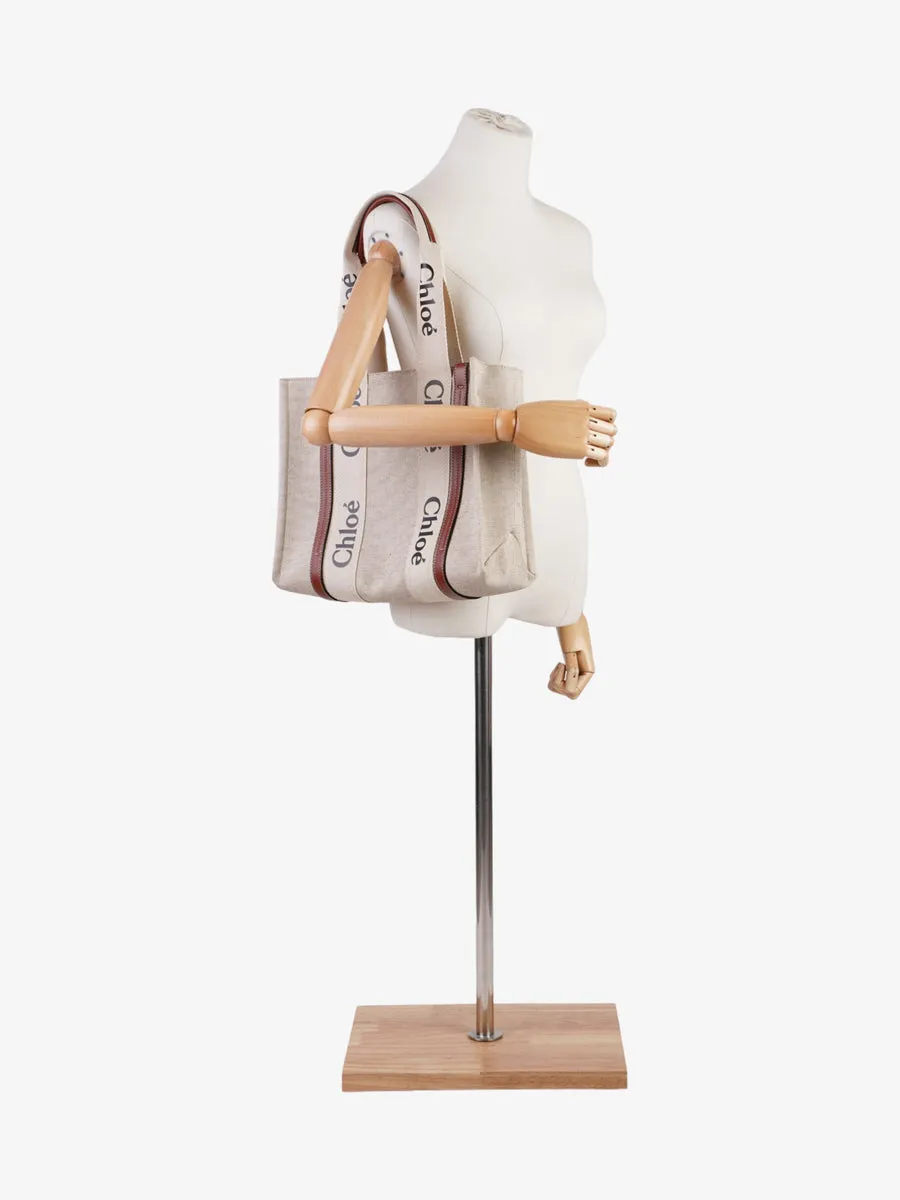 Chloe Woody Tote Beige / Brown / Black Linen Medium