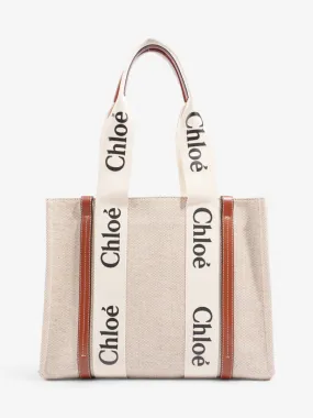 Chloe Woody Tote Beige / Brown / Black Linen Medium