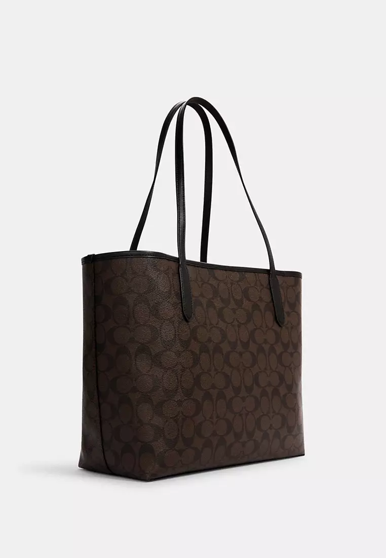 Coach Coach City Tote In Signature Canvas - Dark Brown