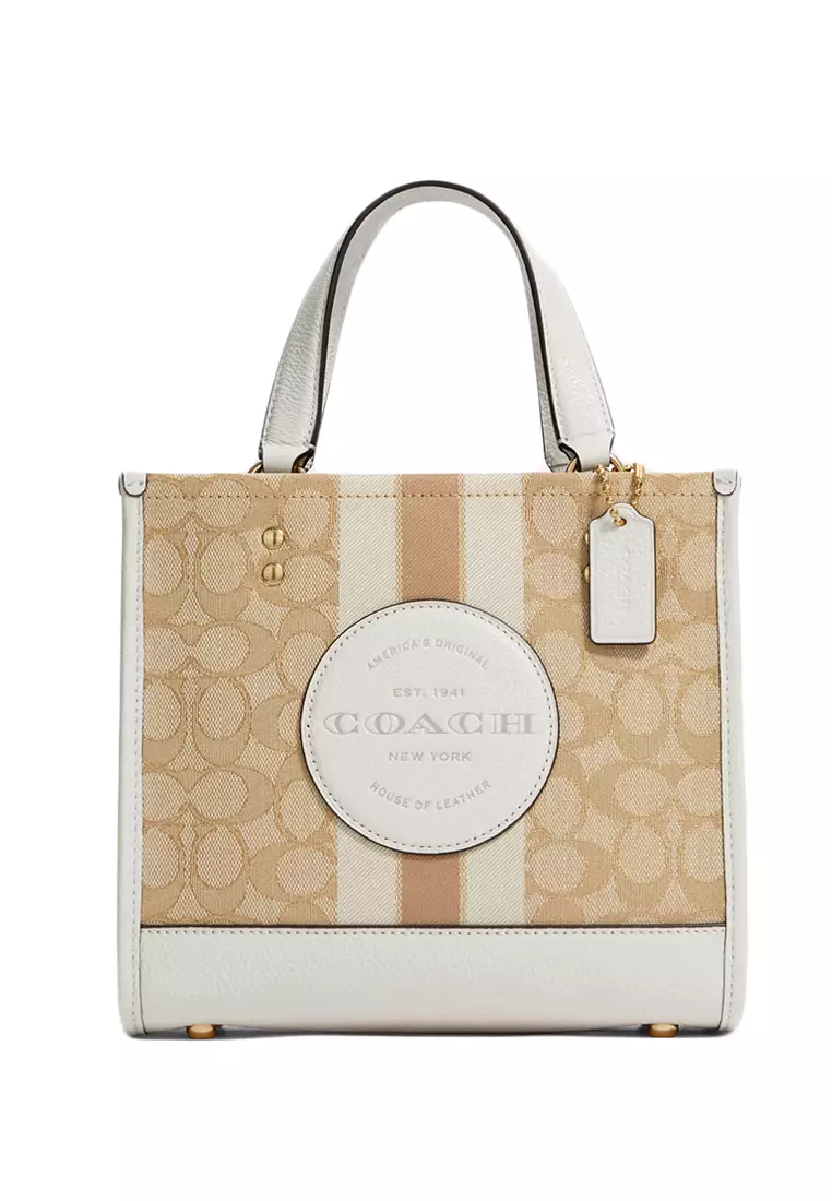 Coach Coach Dempsey Tote 22 In Signature Jacquard With Stripe And Coach Patch - Light Brown/White