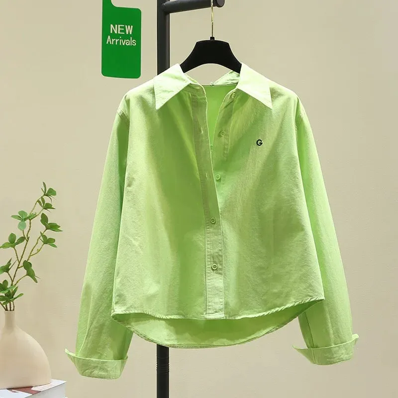 Design niche green shirt short jacket for women 2024 spring and autumn new Korean style loose casual shirt top