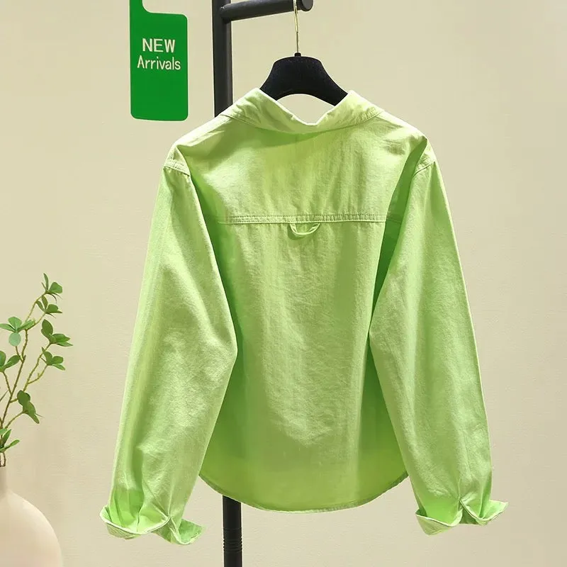 Design niche green shirt short jacket for women 2024 spring and autumn new Korean style loose casual shirt top