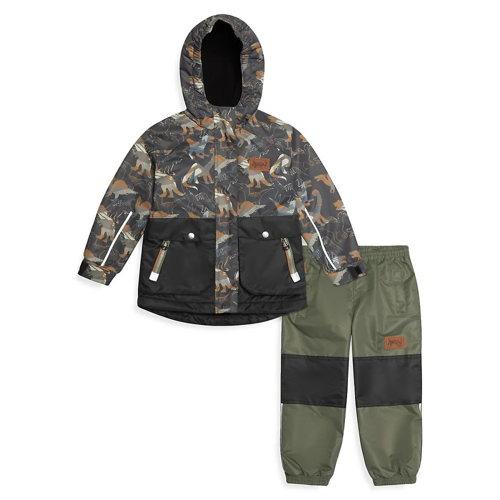 Deux Par Deux Little Boy's 2-Piece Dinosaur-Print Waterproof Jacket & Pants Set