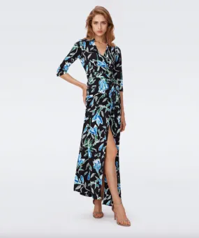 Diane Von Furstenberg    Abigail Silk Jersey Maxi Wrap Dress Huge Tulip Fields Blue