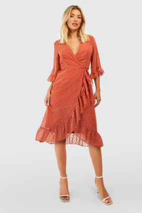 Dobby Chiffon Wide Sleeve Midi Wrap Dress