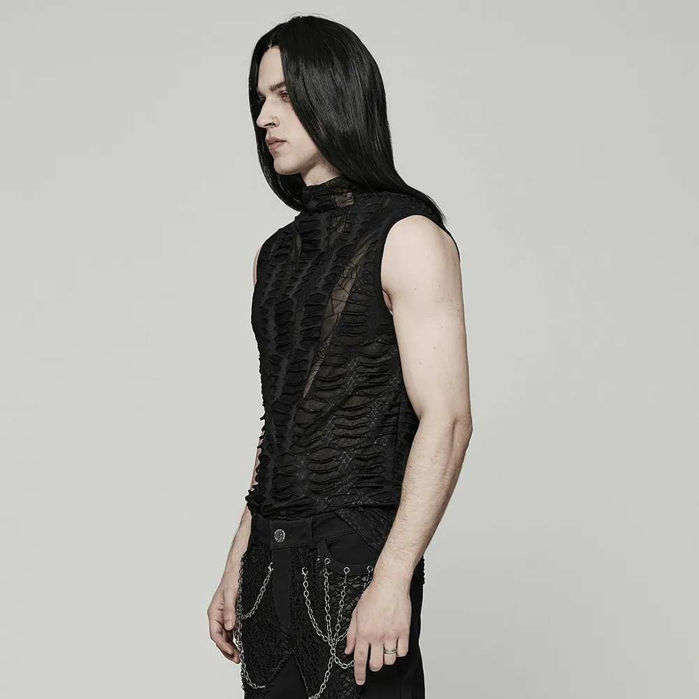 Edgy Men's Asymmetric Mesh Sleeveless Gothic Top