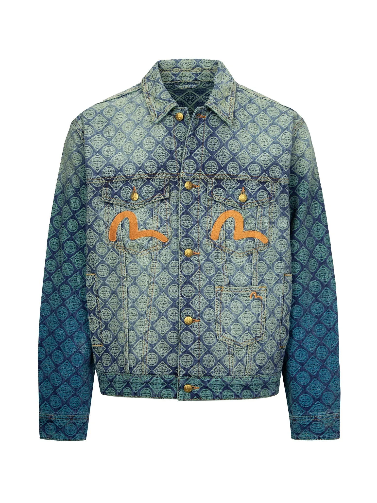 Gradient Allover Kamon Jacquard and Seagull Embrodiery Relax Fit Denim Jacket