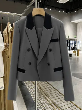 Gray contrast stitching light mature college style small suit jacket for women 2024 new spring and autumn fashionable salt suit