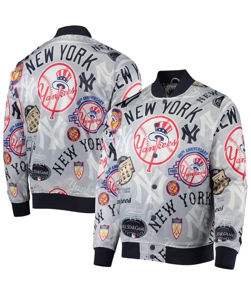 Gray New York Yankees Allover Print Satin Full-Snap Varsity Jacket 