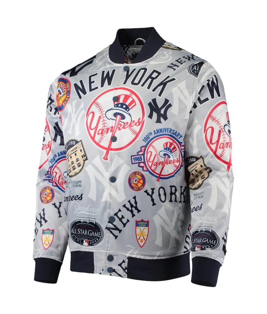 Gray New York Yankees Allover Print Satin Full-Snap Varsity Jacket 