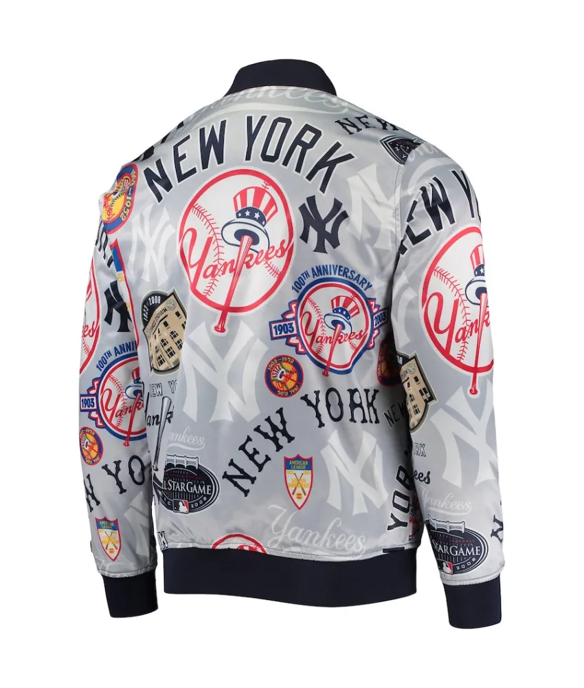 Gray New York Yankees Allover Print Satin Full-Snap Varsity Jacket 