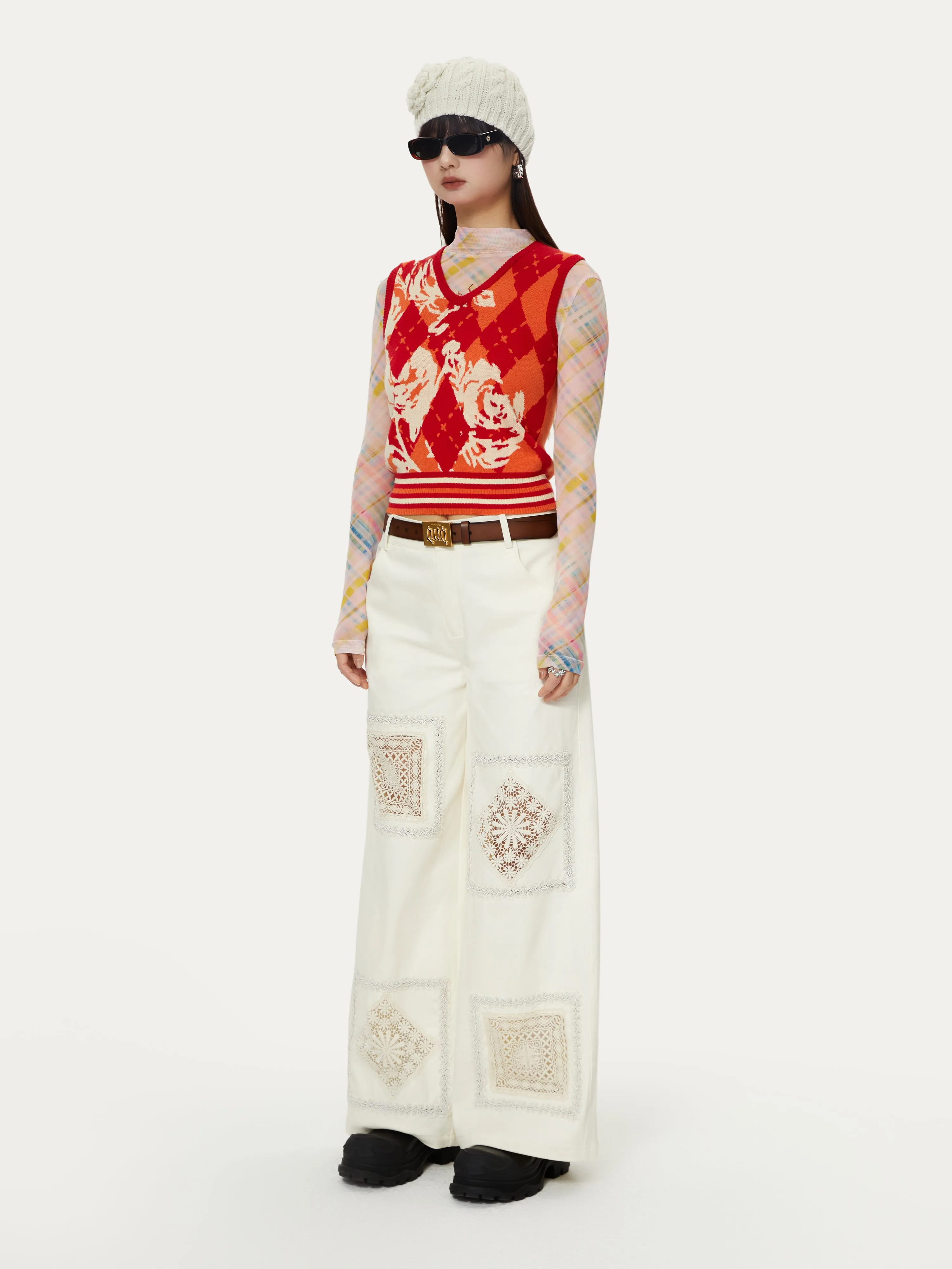 Hollow Lace Embroidered Patchwork Straight Wide-leg Pants