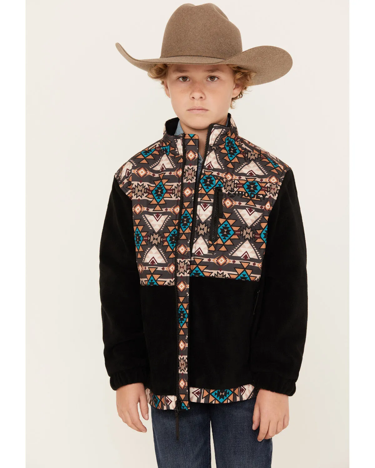 Hooey Boys' Southwestern Print Color Block Zip Softshell Jacket