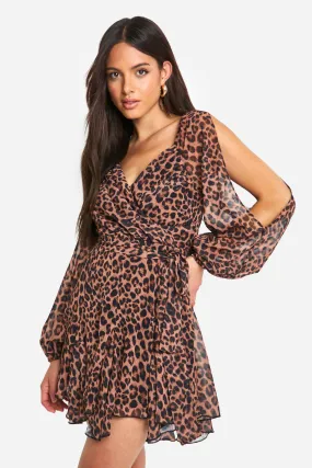 Leopard Chiffon Lace Back Puff Sleeve Wrap Skater Dress