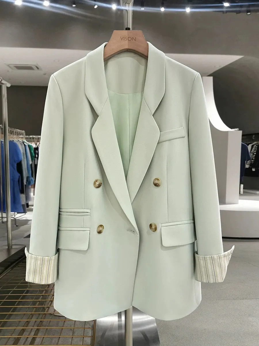 Light green striped sleeve design niche suit jacket for women 2024 new spring and autumn fresh age-reducing suit trend