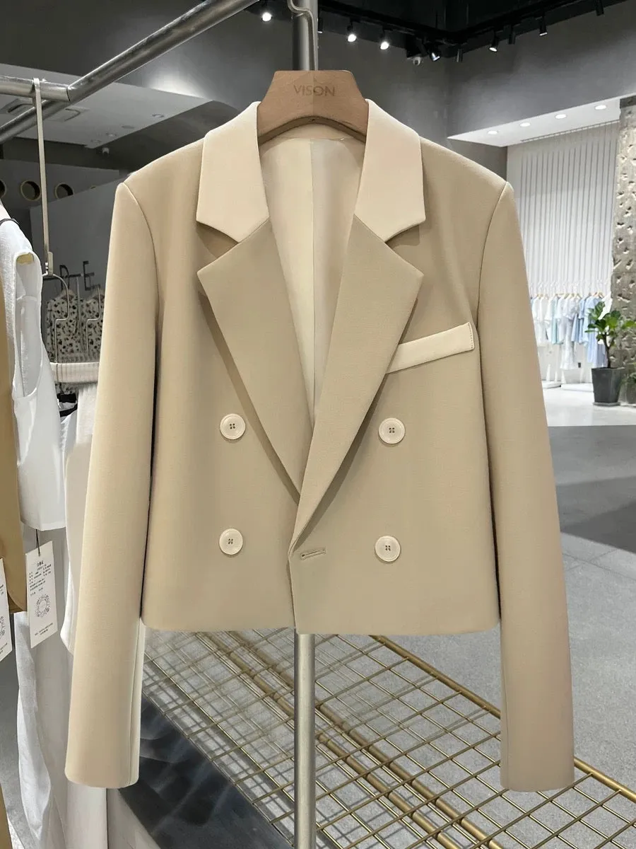 Light khaki contrasting color splicing short suit jacket for women 2024 spring new cold style age-reducing suit top autumn