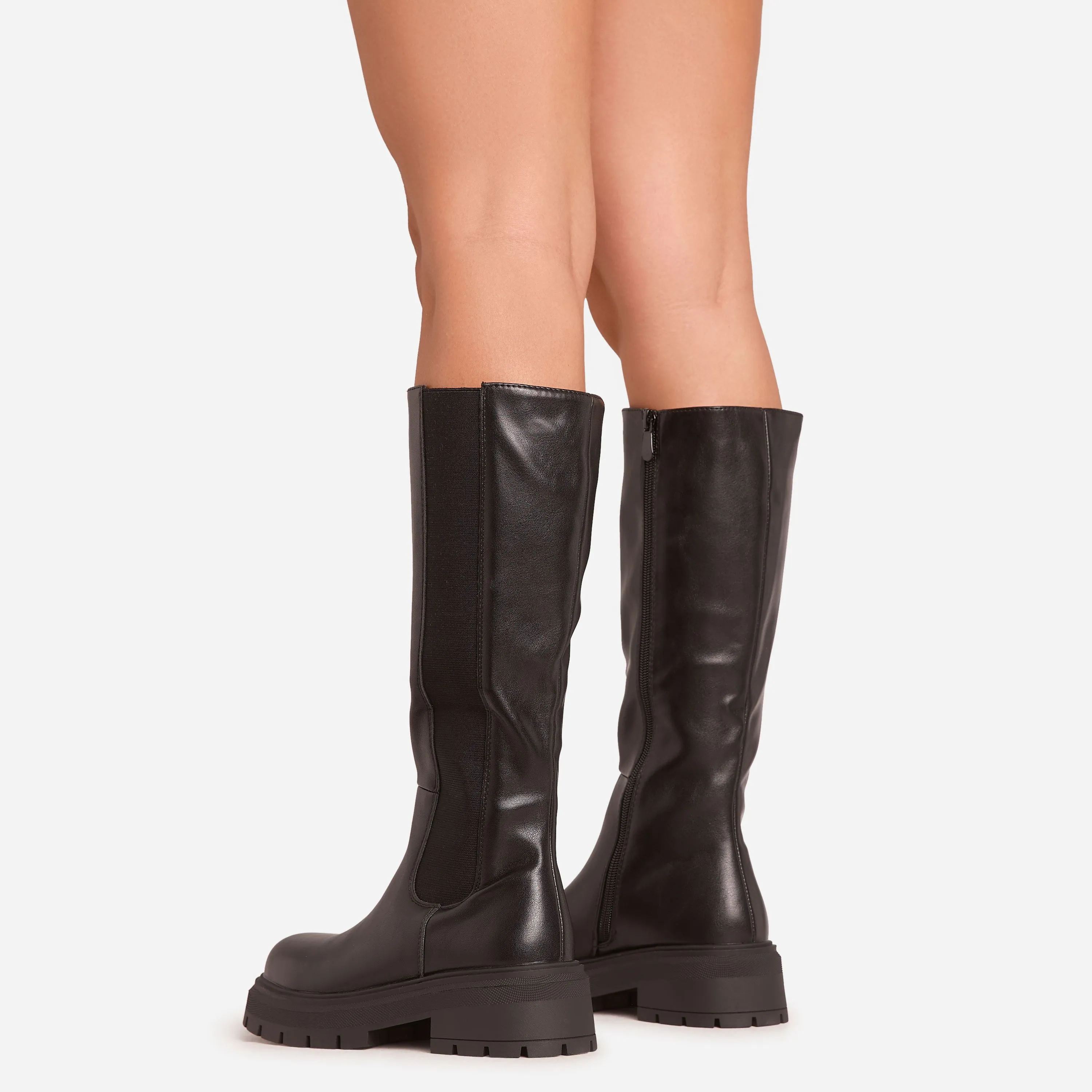 Lord Chunky Sole Mid Calf Chelsea Biker Boot In Black Faux Leather