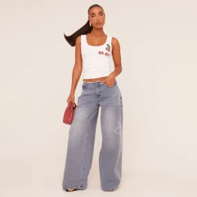 Low Rise Frayed Edge Side Slogan Wide Leg Jeans In Blue Denim