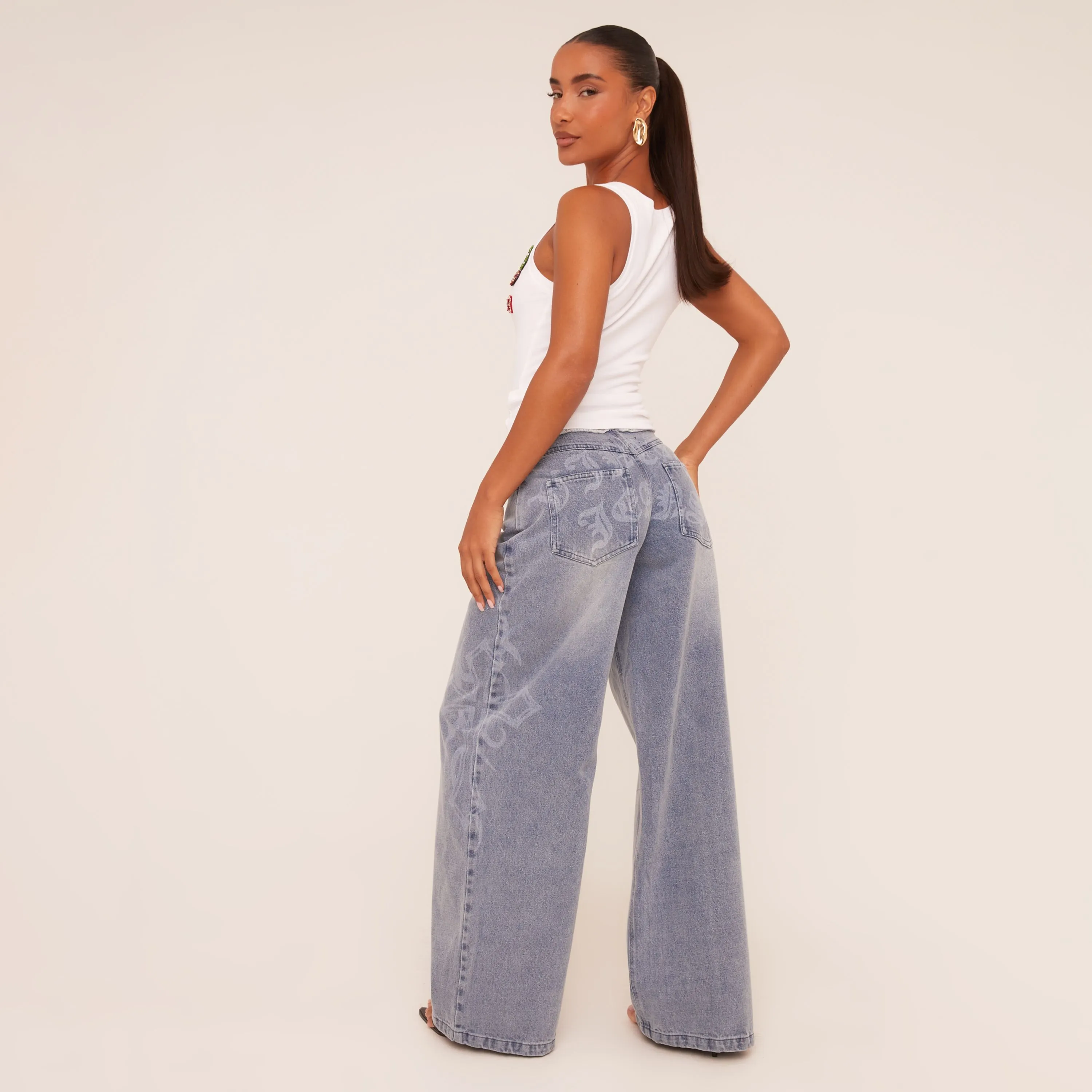 Low Rise Frayed Edge Side Slogan Wide Leg Jeans In Blue Denim