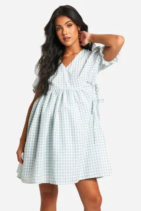 Maternity Gingham Puff Sleeve Wrap Mini Smock Dress