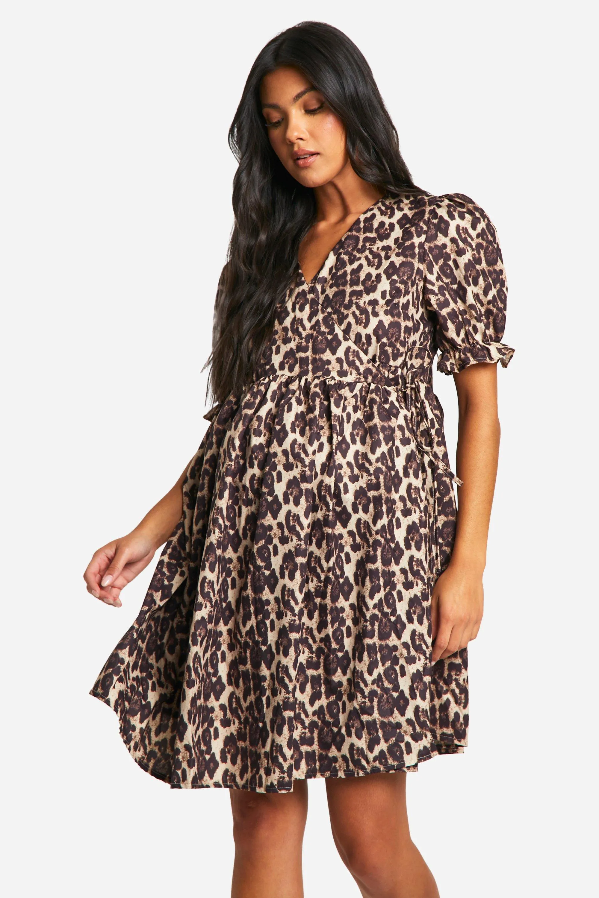 Maternity Leopard Poplin Wrap Over Smock Dress