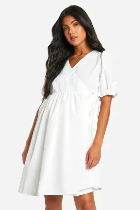 Maternity Puff Sleeve Wrap Mini Smock Dress