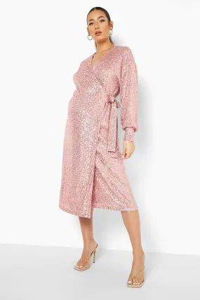 Maternity Sequin Wrap Midi Dress